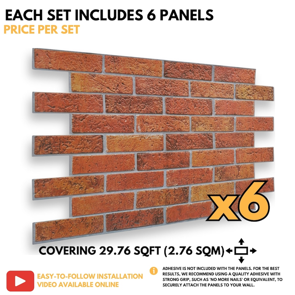 image 1 of NOVECRAFTO 3D Vintage Rustic Wall Panels – 6 PVC Sheets, Covers 2.76 sqm (29.76 sq ft), 96x48cm Each – Decorative Brick Effect Cladding in Rustic Style