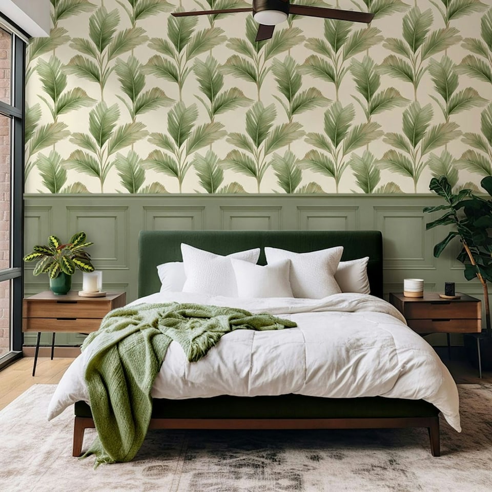 image 1 of Belgravia Kailani Palm Leaf Wallpaper - Sage/Cream - 10m x 0.5m Green