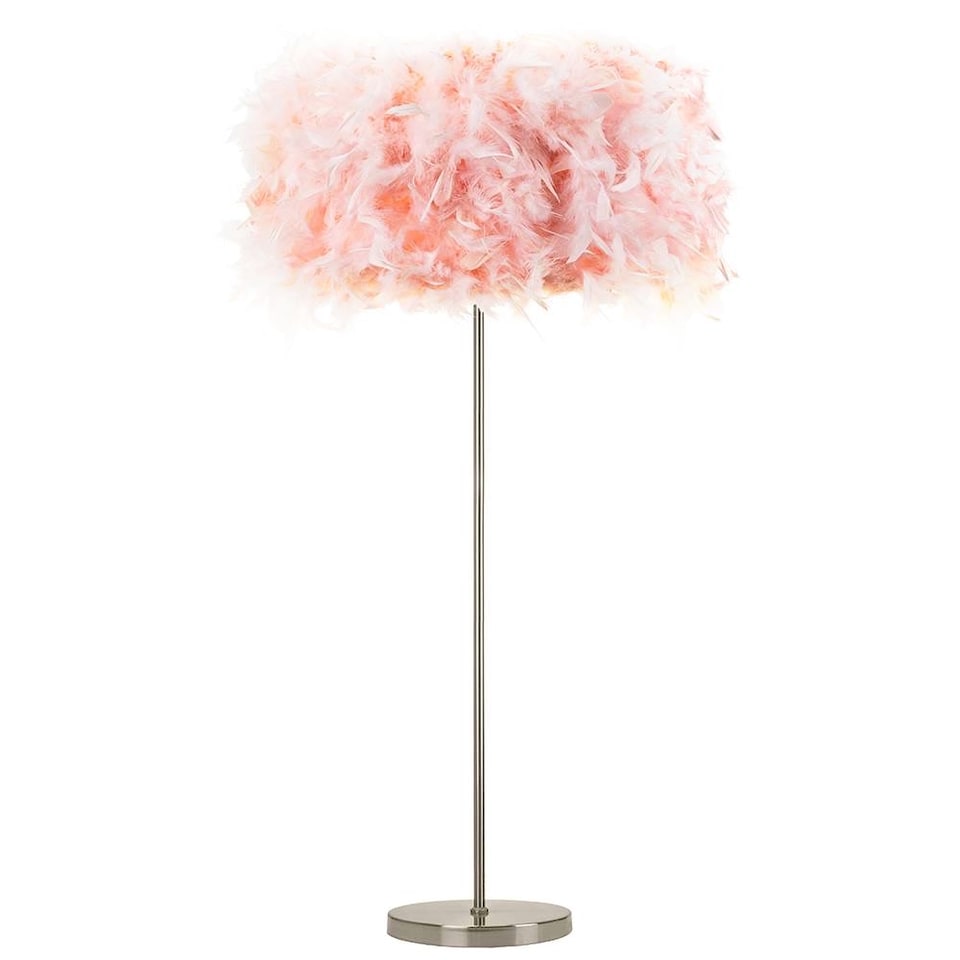 image 1 of Modern and Chic Real Pink Feather Floor Lamp with Satin Nickel Base and Switch | Pink | Pink | 1