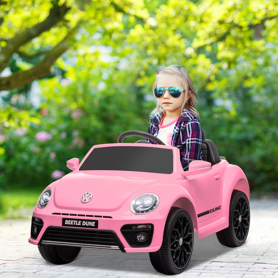 image 1 of AIYAPLAY Volkswagen Beetle Licensed Ride on Car, 12V Kids Electric Car with Remote Control, 4 Spring Suspension Wheels, Soft Start, Headlights, FM Radio, Music, Horn, Pink
