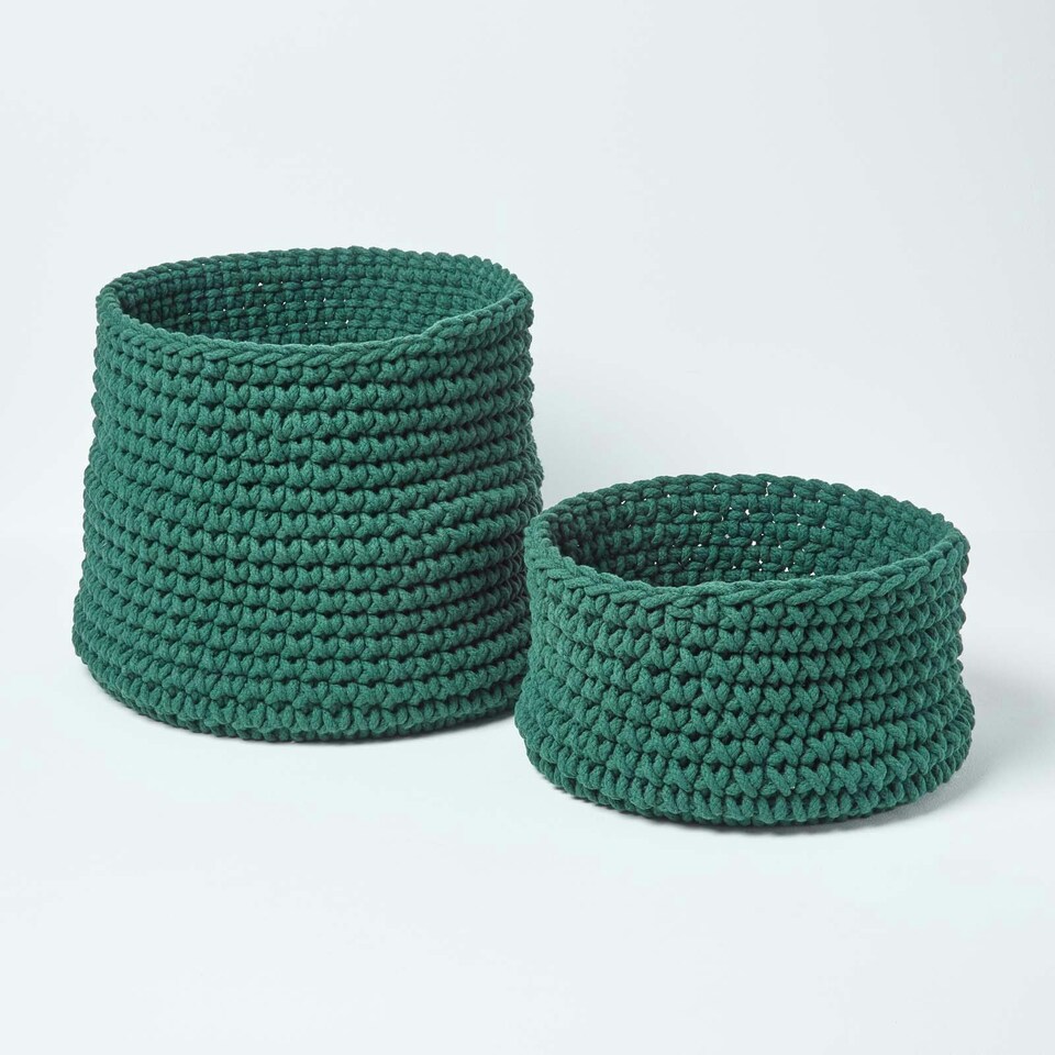 image 1 of Homescapes Forest Green Cotton Knitted Round Storage Basket - 42 x 37cm Green | L