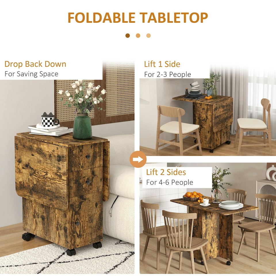 image 1 of HOMCOM Folding Dining Table, Drop Leaf Table With Drawers Rustic Brown