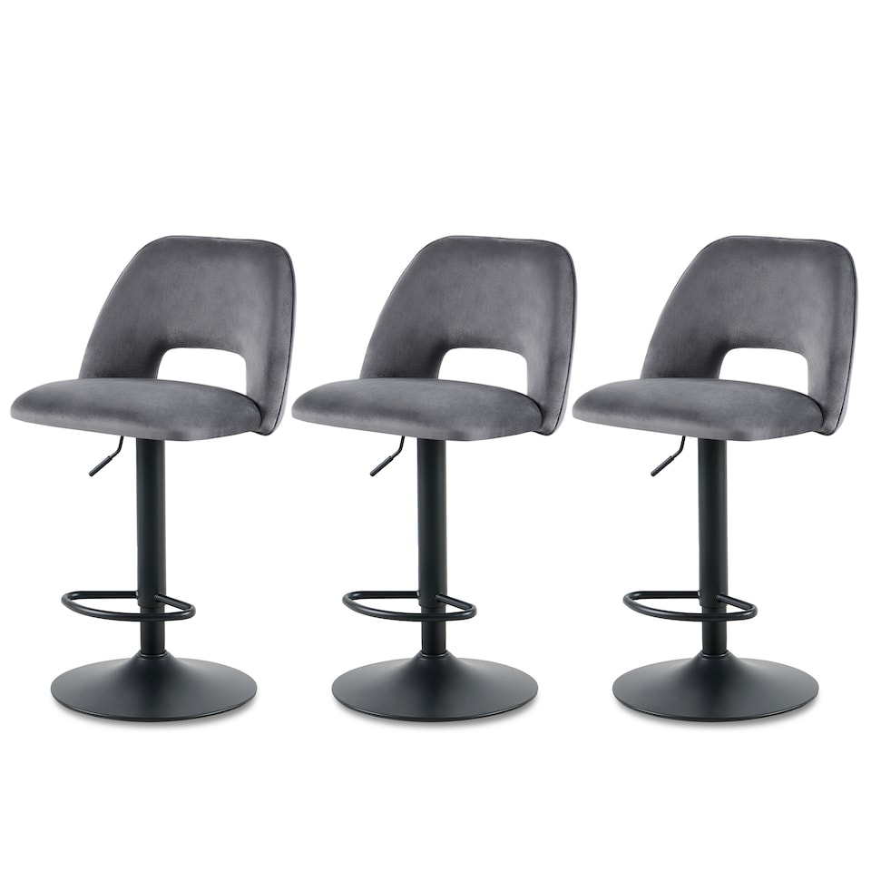 image 1 of SONARA Set of 3 Adjustable Velvet Upholstered Breakfast Bar Stools | Grey