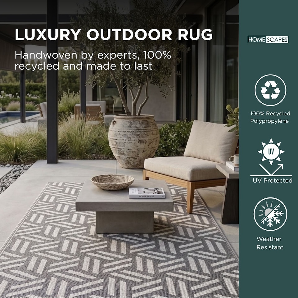 image 1 of Homescapes Outdoor Rug Luxury Waterproof Reversible Recycled, For Garden, Luna Geometric | Grey | Grey and White