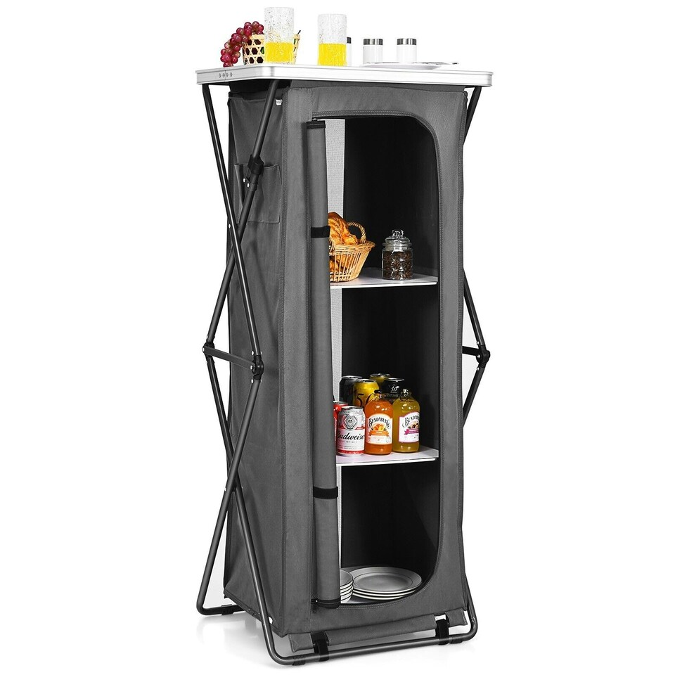 image 1 of COSTWAY 3 Tier Folding Cupboard 139cm Camping Storage Table Grey