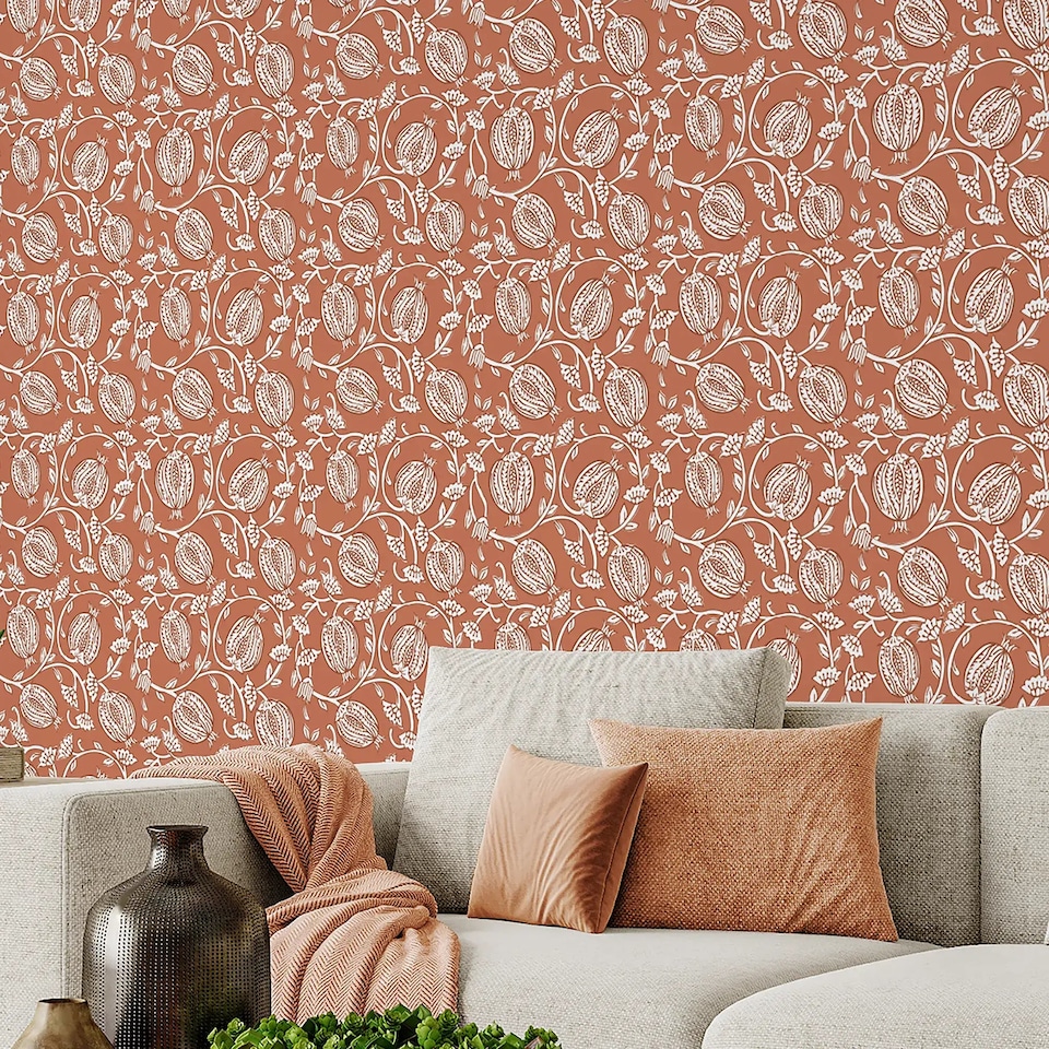 image 1 of Pomegranate Passion Wallpaper in Terracotta | Orange | Light, Orange | 50cm x 10m