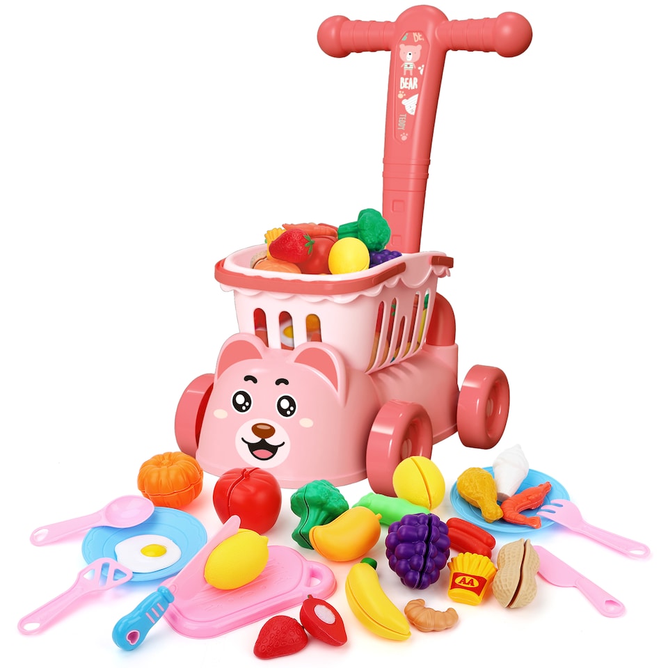 image 1 of Little Bear Trolley Toy Set with 35 Colourful Food and Kitchen Accessories