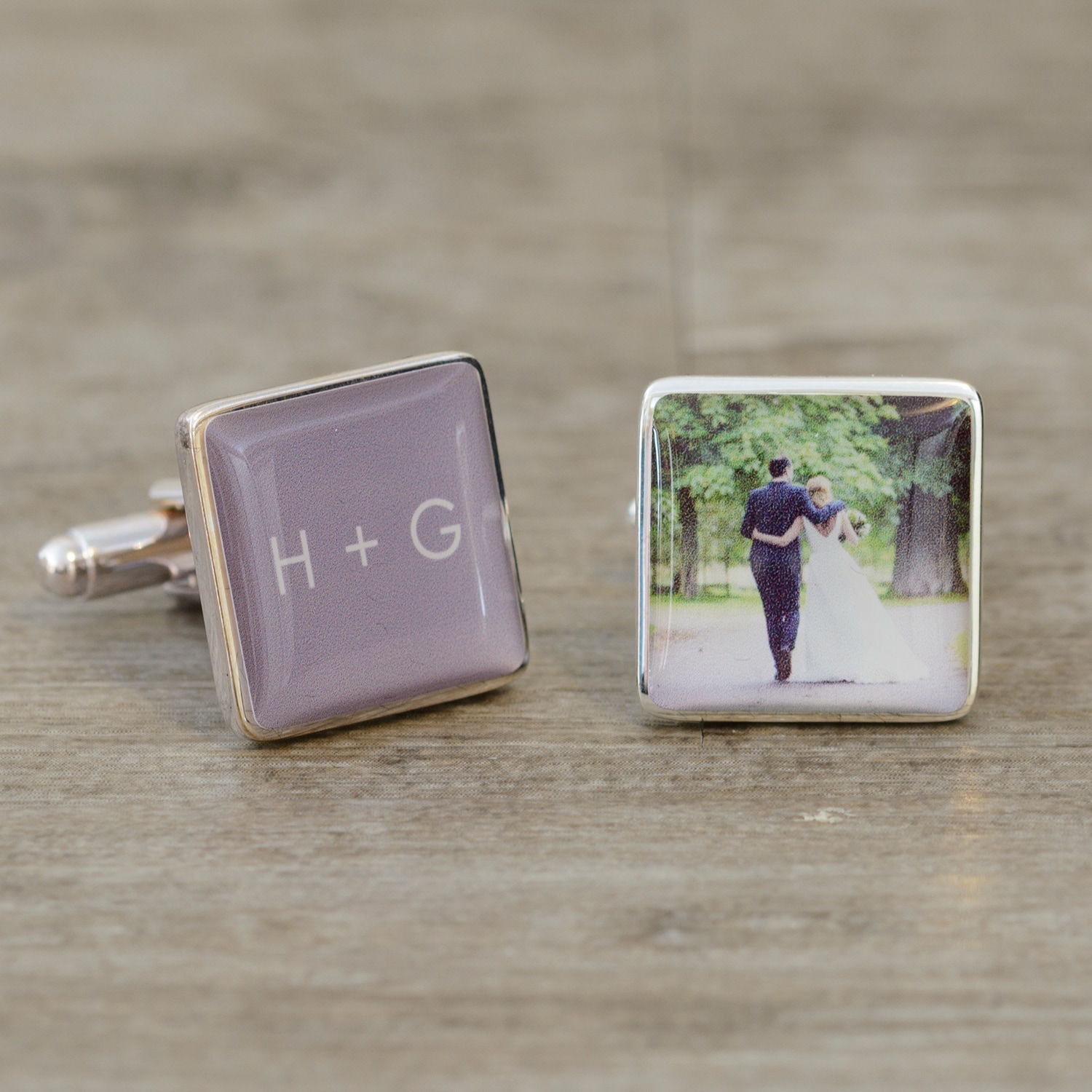 Personalised Initials Photo Upload Silver Finish Cufflinks Wedding Couple