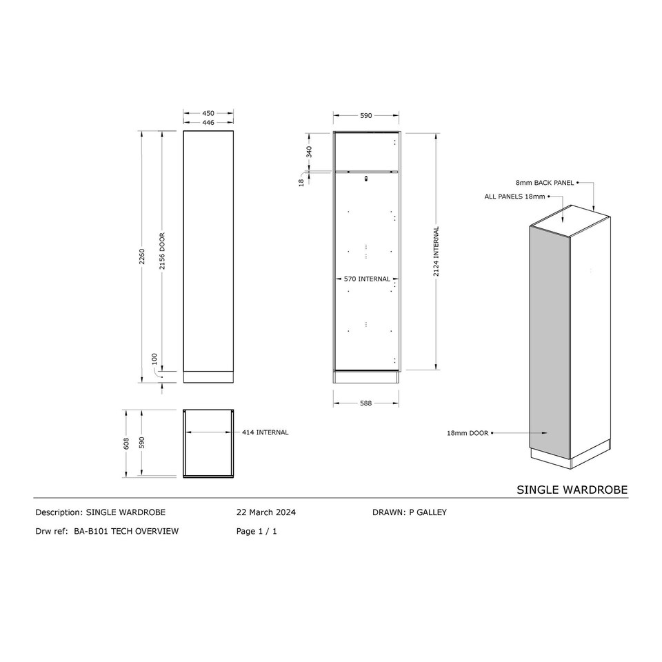 image 1 of Classic Square Panel White Single Wardrobe with Shelves White
