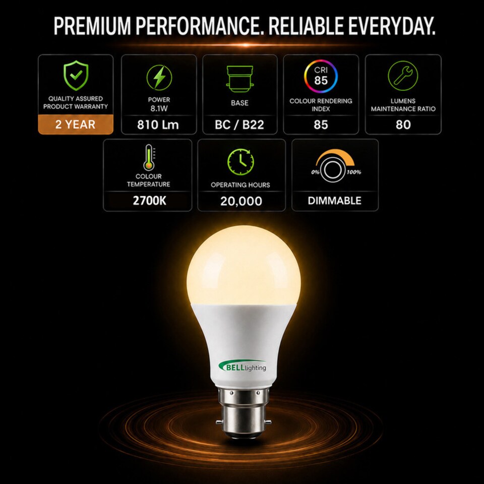 image 1 of BELL Lighting E27 Edison Screw 8.1W GLS Dimmable LED Light Bulbs Warm White 2700K