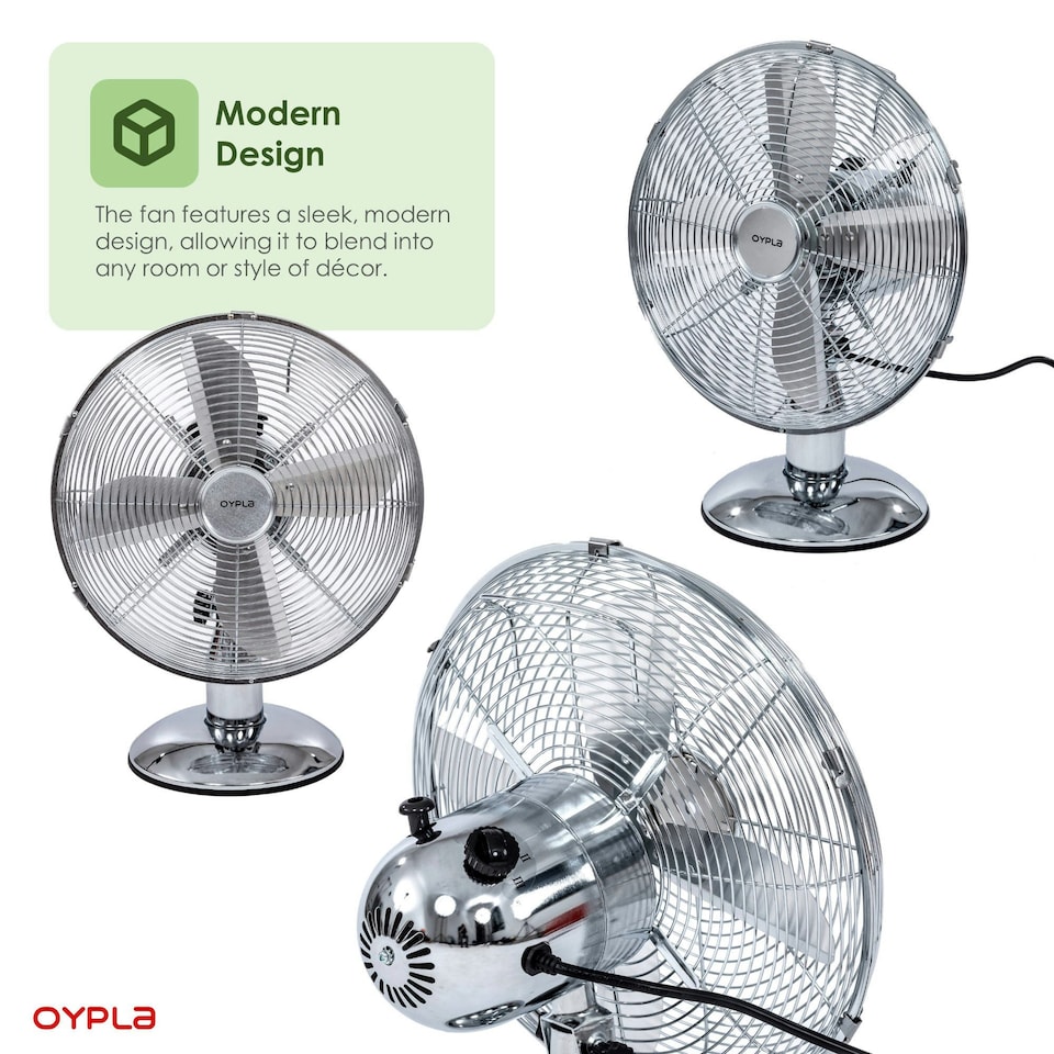image 1 of Oypla Electrical 12" Inch Chrome Metal 3 Speed Desk Fan Oscillating