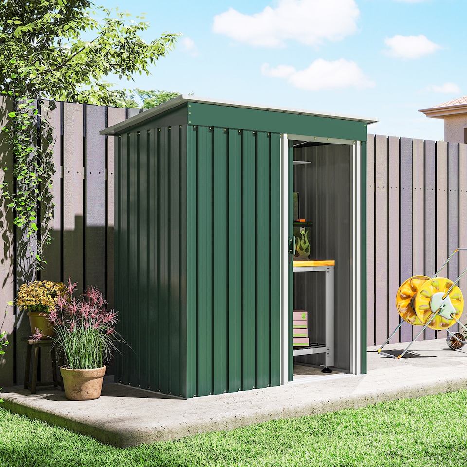 image 1 of Outsunny 5 x 3ft Garden Storage Shed with Sliding Door and Sloped Roof, Lean to Outdoor Equipment Tool Shed for Garden, Green