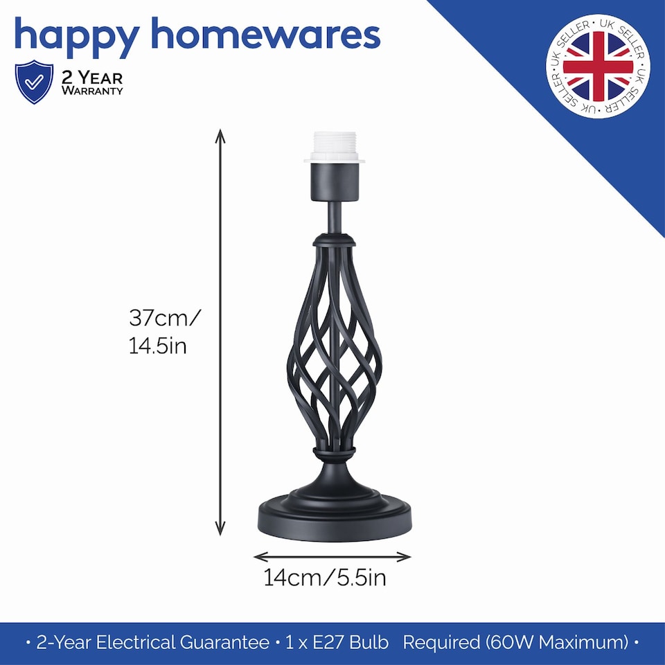 image 1 of Traditional Black Table Lamp Base with Twist Metal Stem Design and Inline Switch | Black | Black | 1