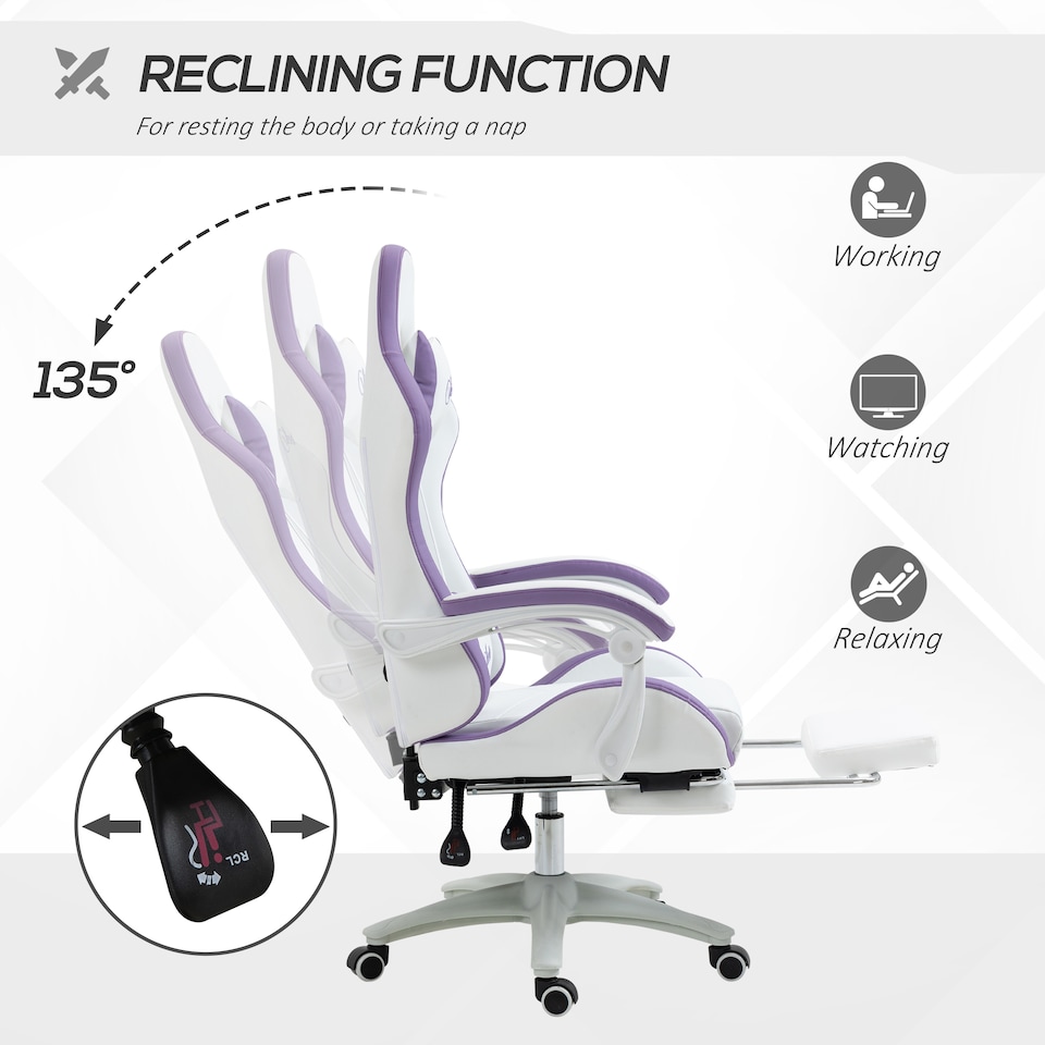 image 1 of Vinsetto Computer Gaming Chair, PU Leather Office Desk Chair with Footrest, Swivel Wheels, 135 Reclining Back, Lumbar Support, Headrest for Home, White and Purple
