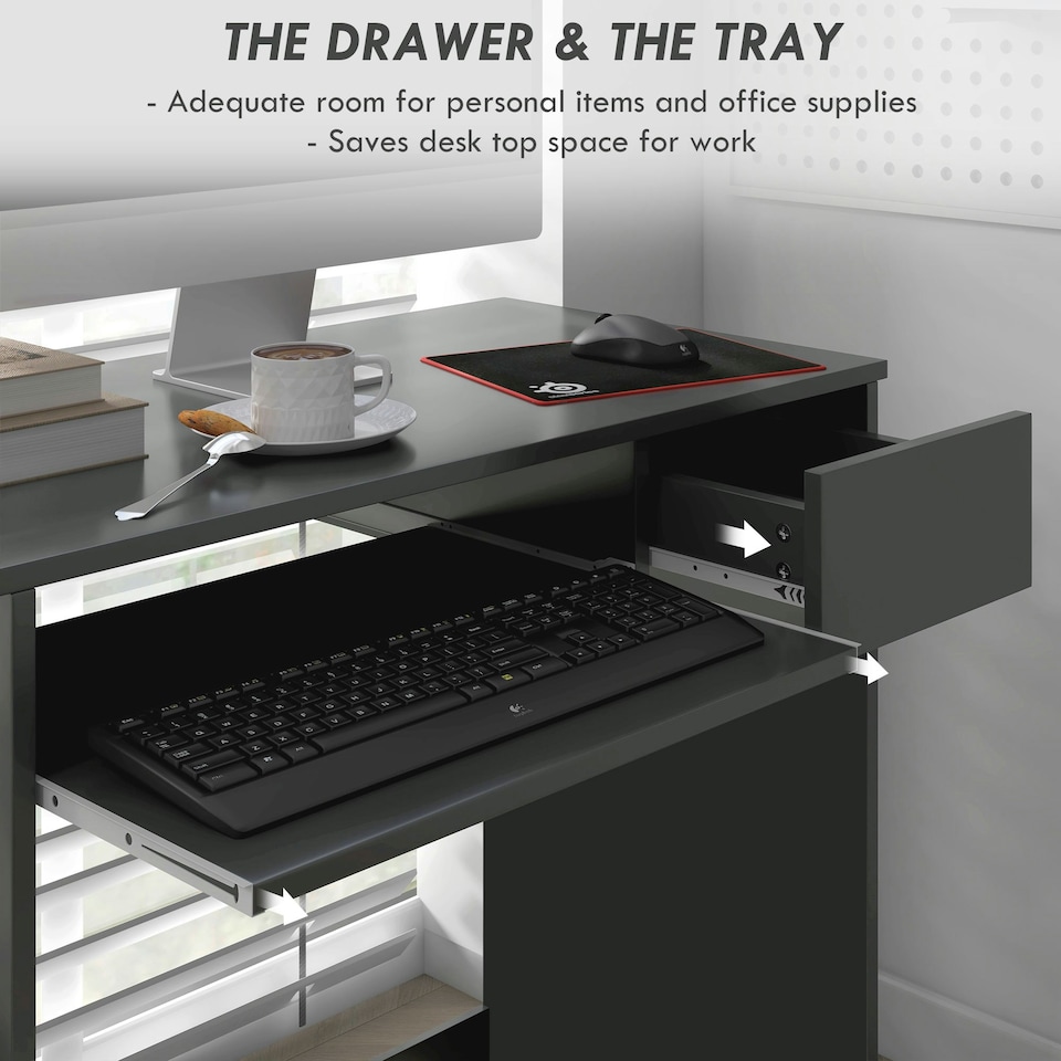 image 1 of HOMCOM Compact Computer Table w/ Keyboard Tray Drawer Study Office Work, Grey
