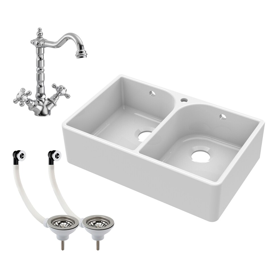 image 1 of 795mm - Double Bowl Fireclay Butler Kitchen Sink -  Tap Hole, Weir & Waste