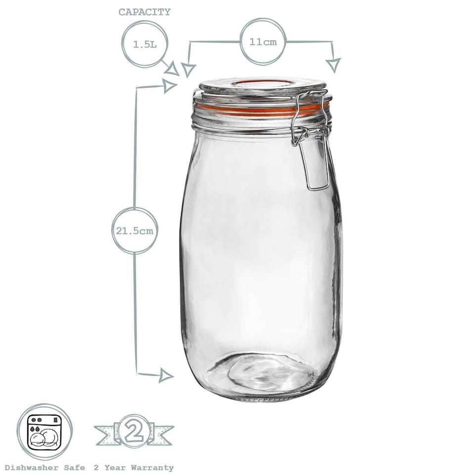 image 1 of Argon Tableware 3x Glass Storage Jars - 1.5 Litre - Orange Seal - Clip Top Storage Jar Kitchen Jair Preserving Jar Kitchen Storage Jar