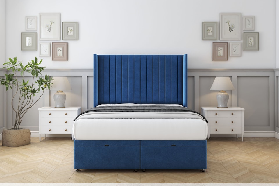 image 1 of Sloomy Marlborough Navy Plush Ottoman Bed With Mattress With 54" Wingback Headboard 2'6 Small Single