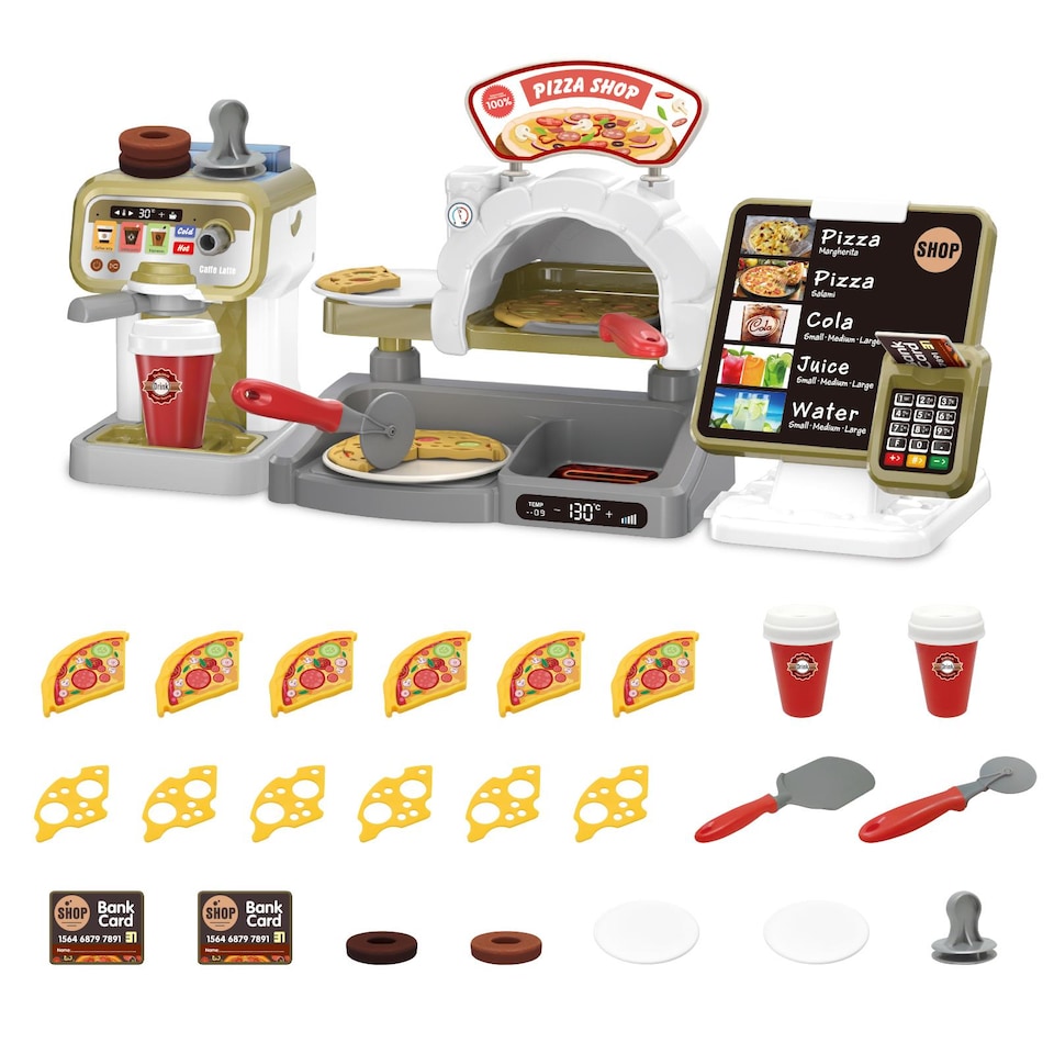 image 1 of Pretend Play Coffee Shop & Pizza Cafe Set - 30-Piece Kids Coffee Maker Playset with Cash Register and Food Accessories