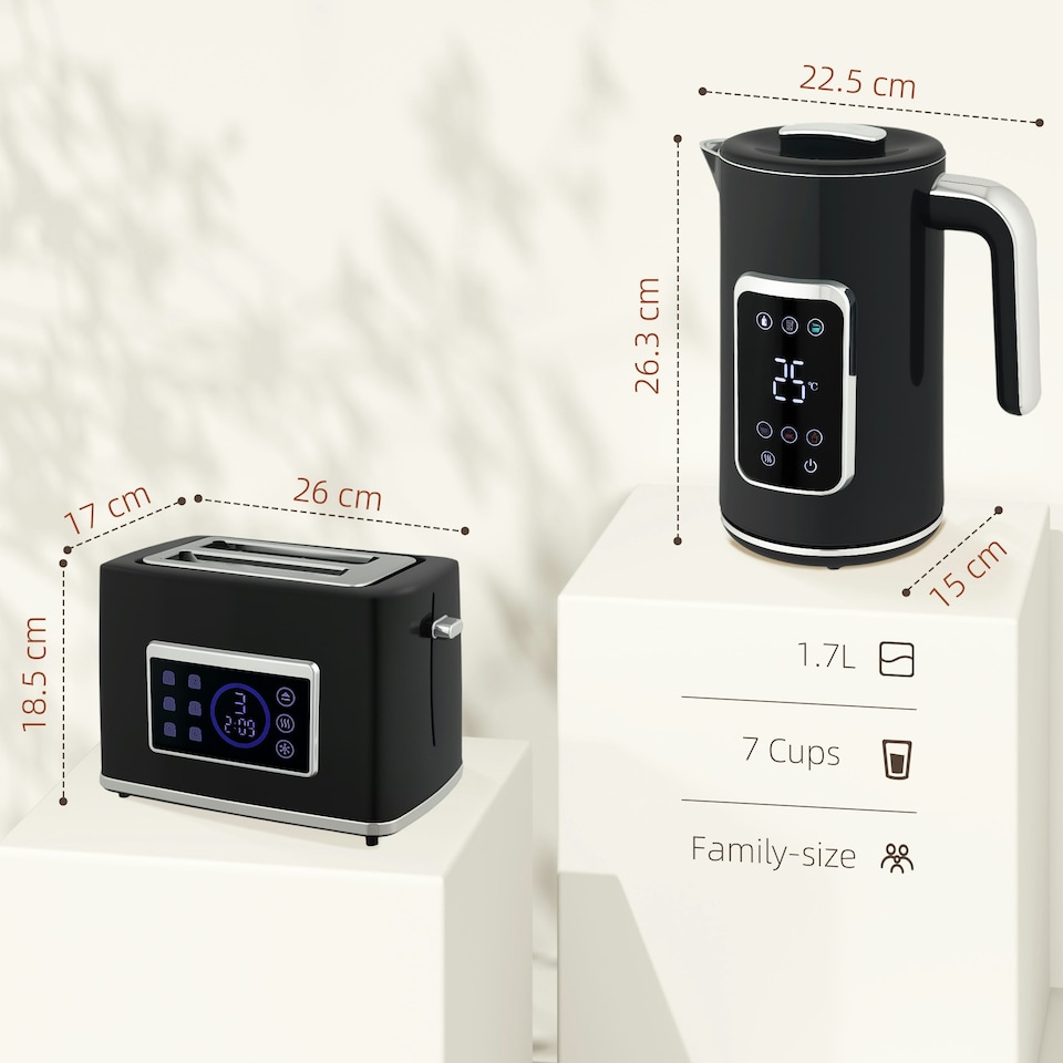 image 1 of HOMCOM 1.7L 3000W Rapid Boil Kettle and 2 Slice Toaster Set Crumb Tray Black