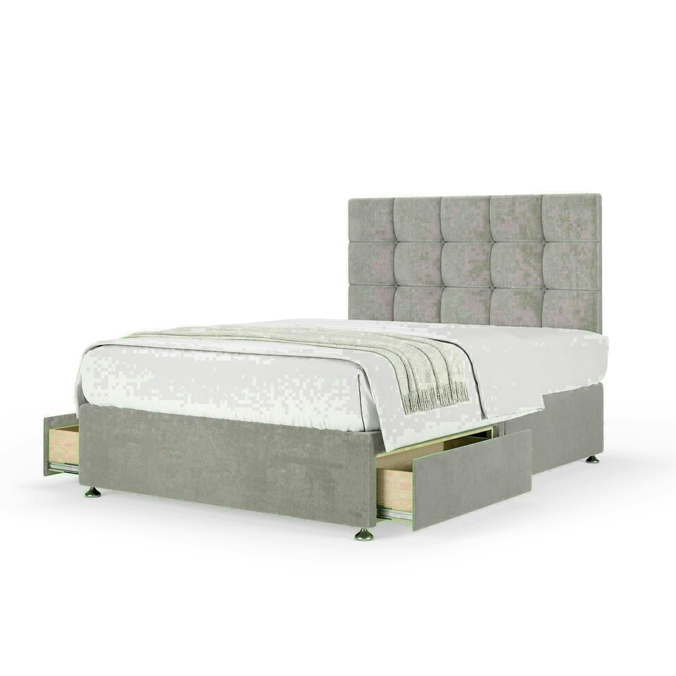 Seal Grey Naples Velvet 2 Drawer Divan Base and Pearl Headboard King Size