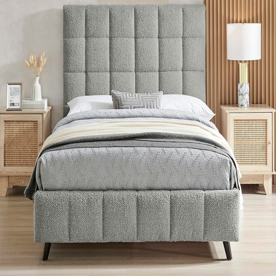 image 1 of 4ft6 Double Grey,Tall Headend Headboard Soft Fabric Boucle Upholstered Bed Frame