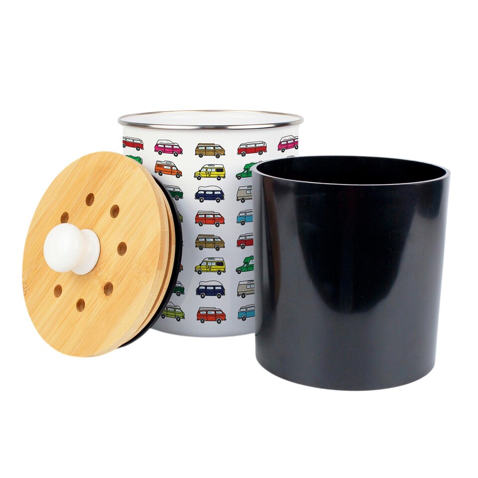 image 1 of Campervan Print Food Waste Caddy - Metal 2L Decorative Kitchen Compost Bin