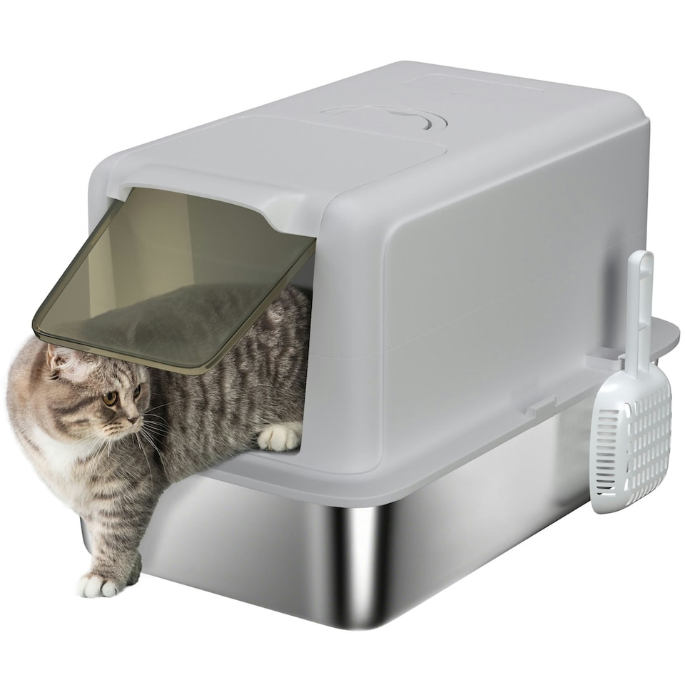 image 1 of PawHut Stainless Steel Cat Litter Box with Removable Lid, Scoop | Grey | One Size