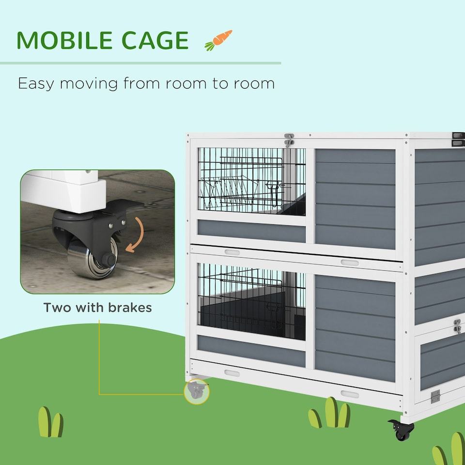 image 1 of PawHut Rabbit Hutch, Indoor Wooden House w/ Wheels, Trays, Grey