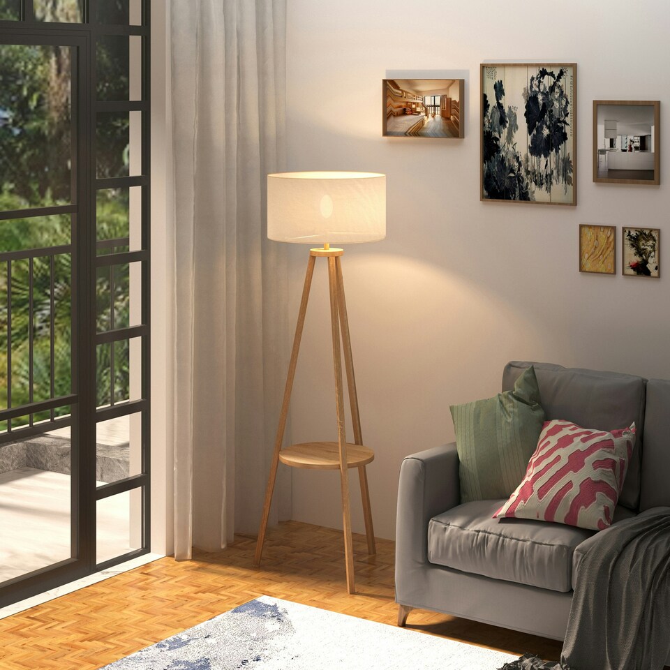 image 1 of HOMCOM Floor Lamp Bedside Light Free Standing Tripod Holder Storage Shelf Linen
