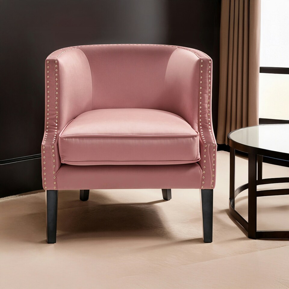 image 1 of Interiors by Premier Pink Velvet Studded Chair, Easy to Clean Leather Armchair, Body Supportive Accent Chair