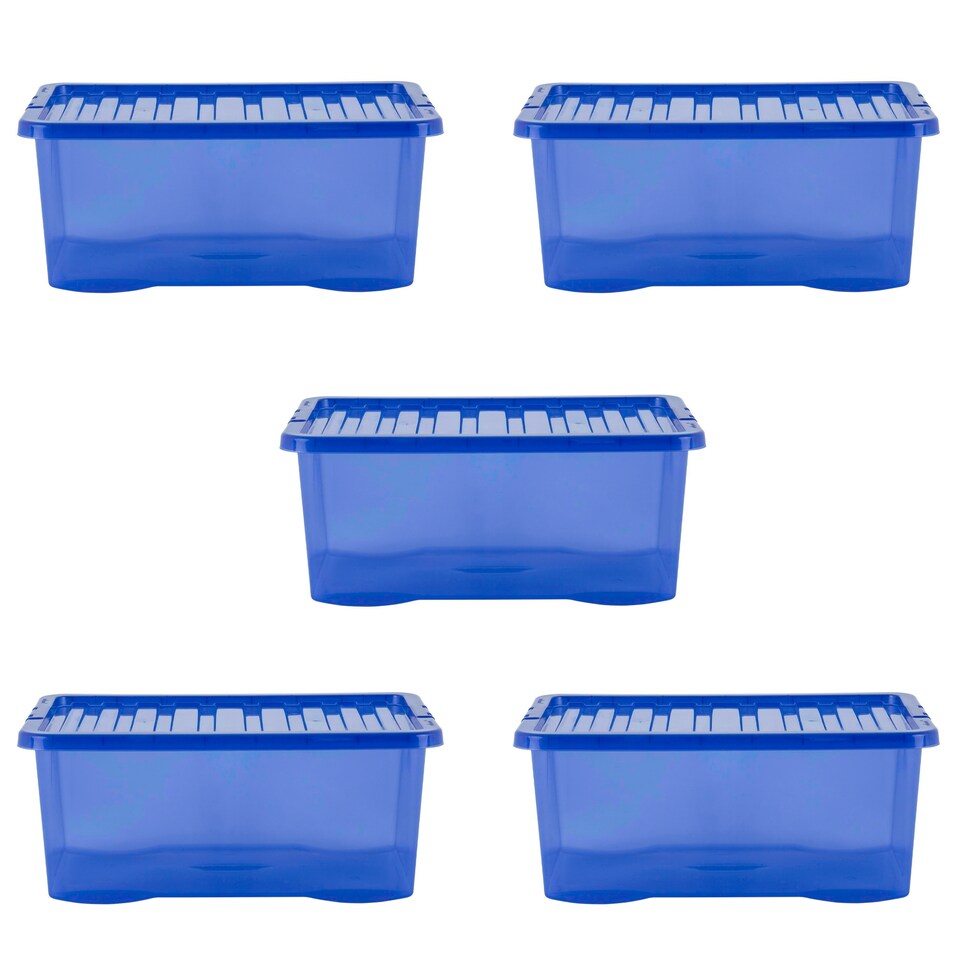 image 1 of Wham Crystal 5 x 45L Stackable Plastic Storage Boxes with Lids Blue