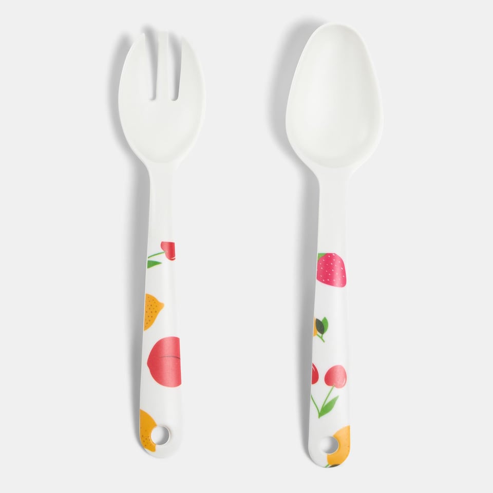 image 1 of OHS Summer Print Plastic Picnic Salad Bowl Utensil Set Lightweight | Pink | Bright Fruits