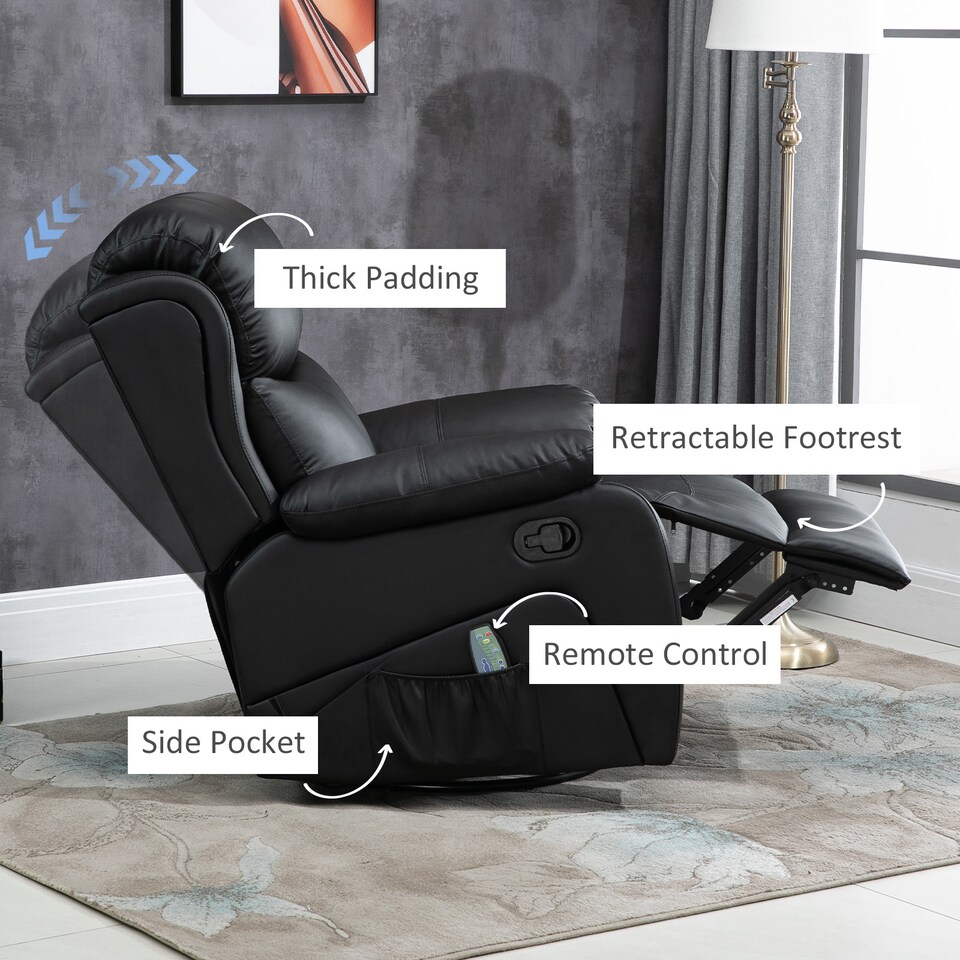image 1 of HOMCOM PU Leather Massage Recliner Chair with 8 Points and Heat, Manual Reclining Chair with Swivel Base, Footrest and Remote, Rocking Armchair, Black