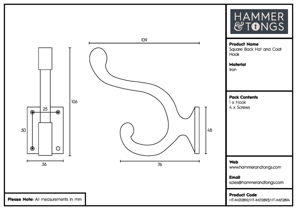 image 1 of Hammer & Tongs Square Back Hat & Coat Hook - W35mm x H105mm - Brass
