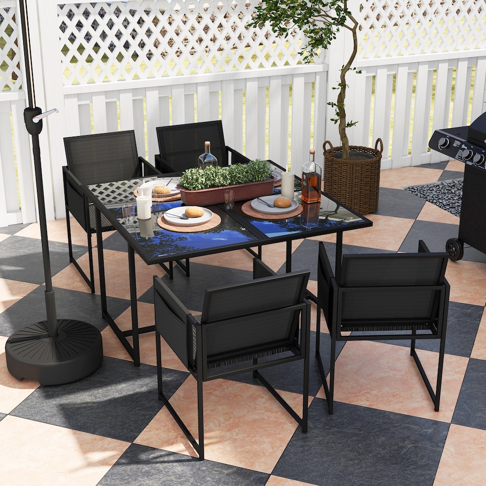 image 1 of Outsunny 5 Piece Garden Dining Set, 4 Seater Outdoor Table and Chairs with Texteline Seat, Space Saving Cube Set with Foldable Backrest, Tempered Glass Table Top, for Patio, Black