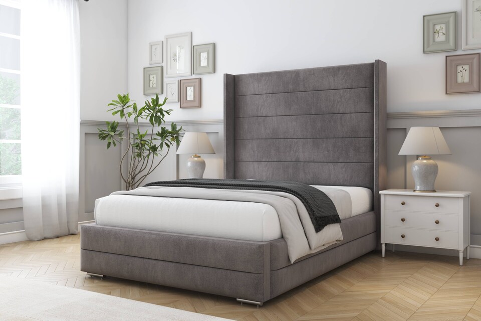 image 1 of Sloomy Sterling Slate Naples Bed Frame With 50"  Upholstered Wingback Headboard 4' Small Double