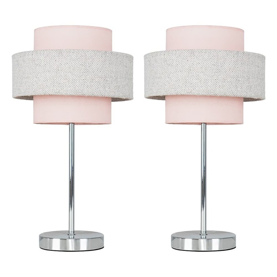 image 1 of ValueLights Weaver Pair Chrome Touch Table Lamps Pink and Grey Shades