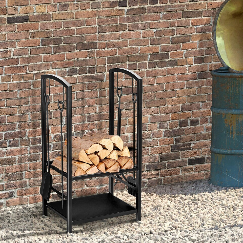 image 1 of Outsunny Firewood Rack Log Holder Wood Storage with Hooks 4 Tools Black