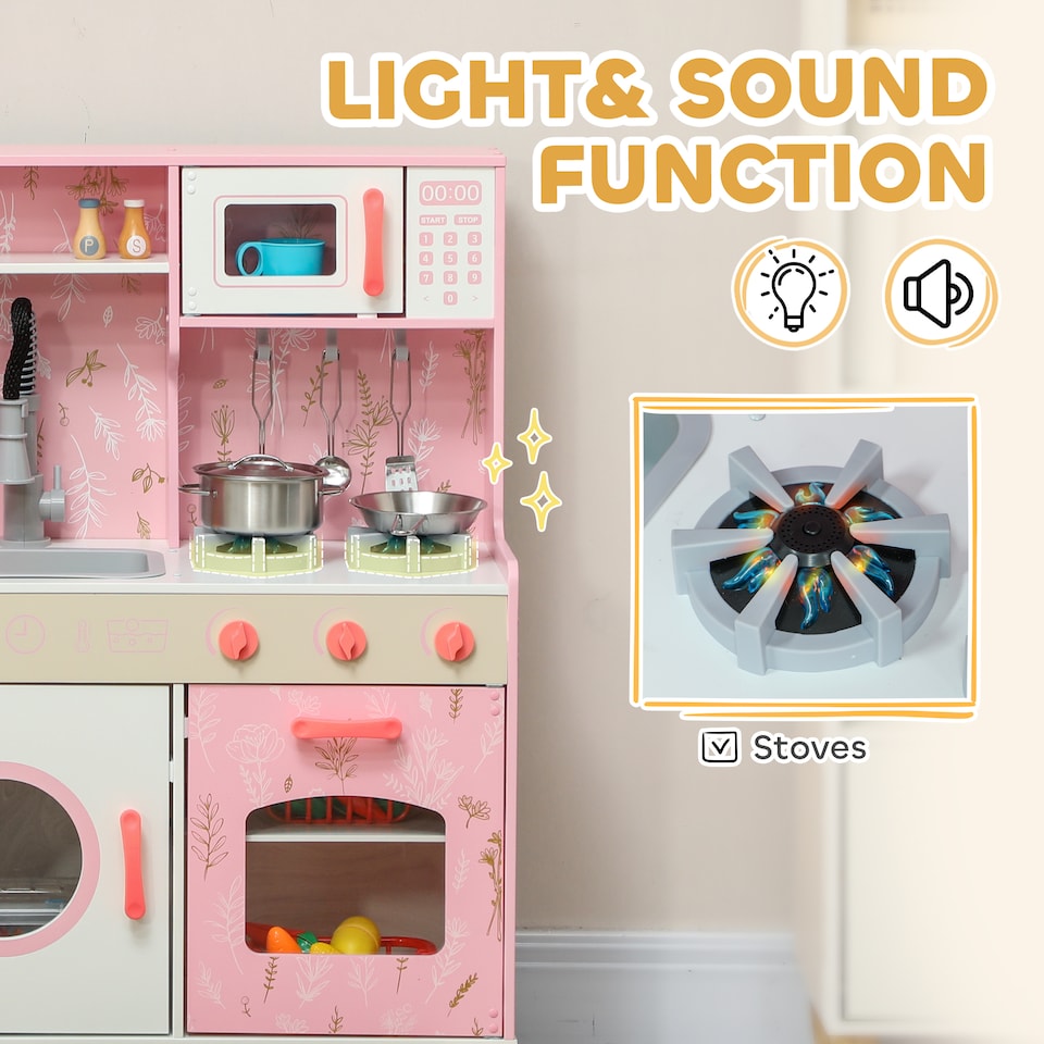 image 1 of AIYAPLAY Toy Kitchen, Pretend Role Play Kitchen, Kids Kitchen Set with Lights and Sounds, Double Stoves, Ice Maker, Chalkboard, Microwave, Oven, Sink, 5 Accessories, Pink