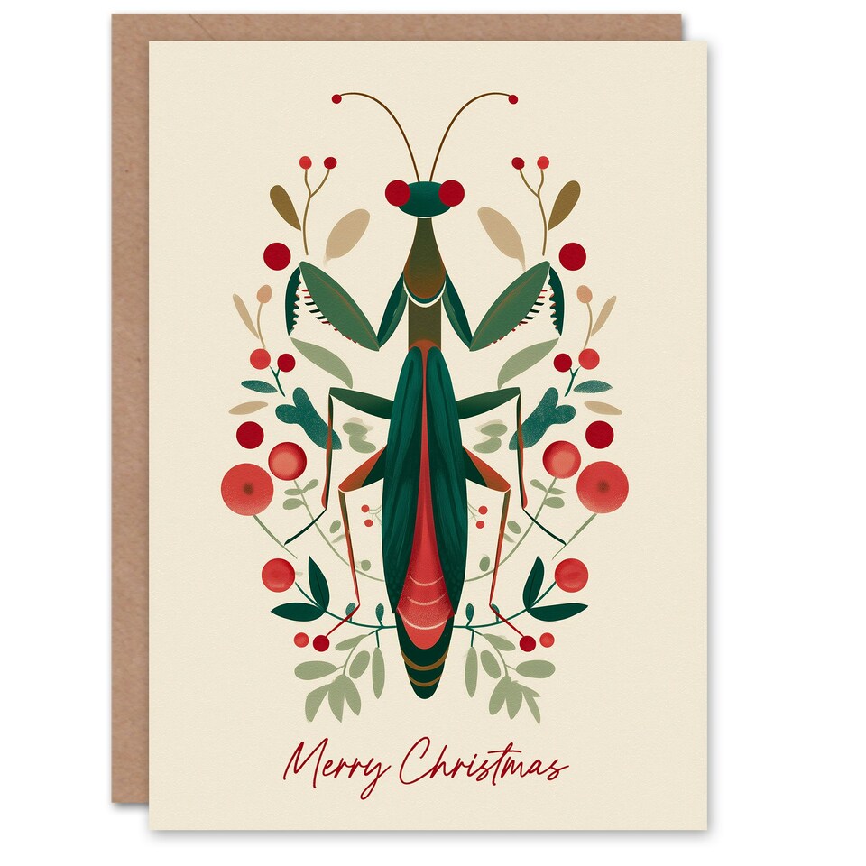 image 1 of Christmas Card Modern Scandi Pattern Festive Praying Mantis
