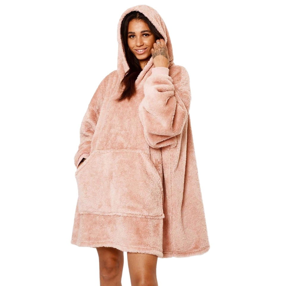 image 1 of Brentfords Oversized Teddy Fleece Wearable Hoodie Blanket Blush Pink