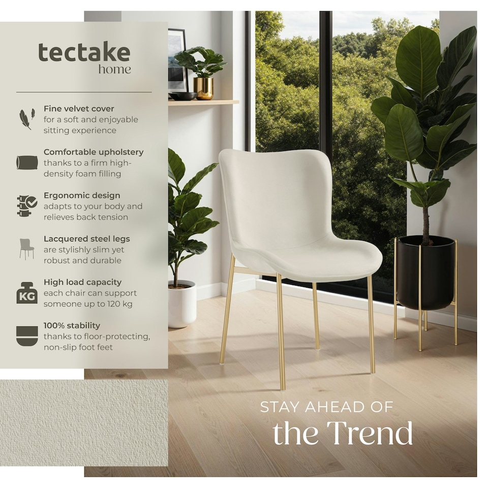 image 1 of Dining Chair Tessa - ergonomic high backrest, slim steel legs, soft fabric - per piece Cream | Velvet Look Beige/Gold