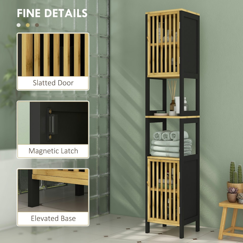 image 1 of HOMCOM Tall Bathroom Cabinet Bamboo Cupboard with Adjustable Shelves, Black