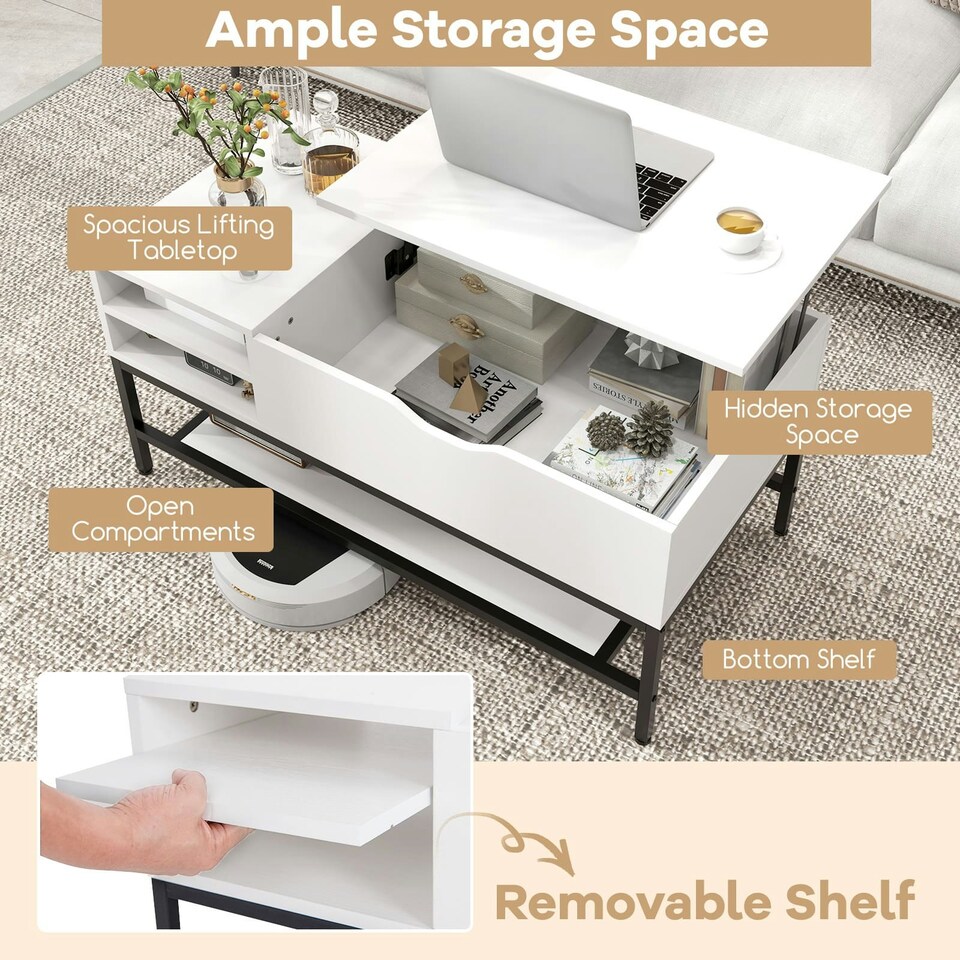 image 1 of COSTWAY Lift Top Coffee Table w/ Storage Shelf White White