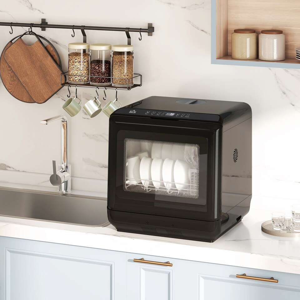 image 1 of HOMCOM Tabletop Dishwasher, Mini Countertop Dishwasher with Built-in 6L Water Tank, 6 Programs, Touch Control, LED Display, 4 Place Settings, Dual Water Supply and Air Drying Function, Black