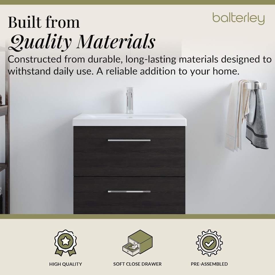 image 1 of Bathroom Wall Hung 2 Soft Close Drawer Vanity Unit, Black, 610mm | Black | Charcoal Black | 579 x 610 x 390mm