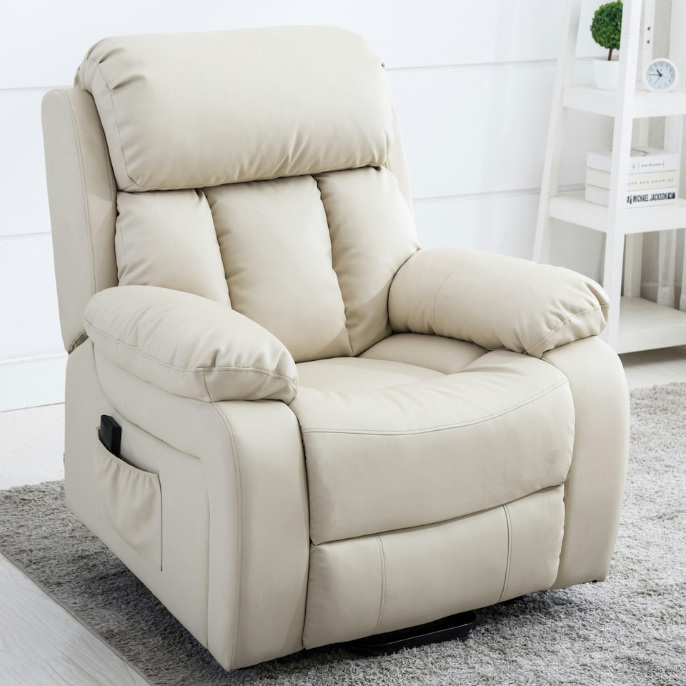 image 1 of Chester Dual Motor Rise Recliner Heat and Massage Bonded Leather Chair (Cream)
