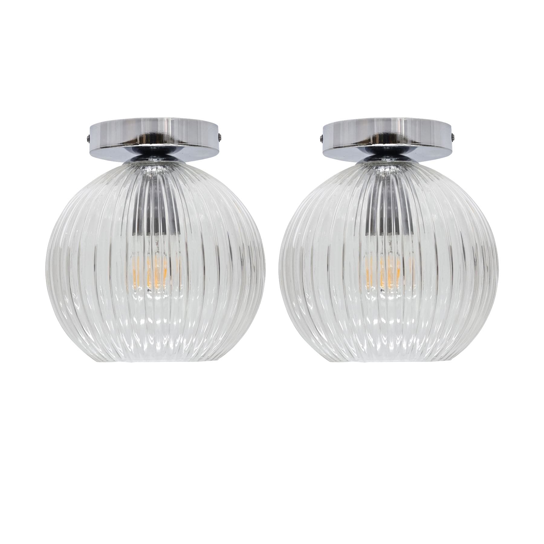 First Choice Lighting Set of 2 Betchley - Clear Ribbed Glass Globe Chrome Ceiling Lights