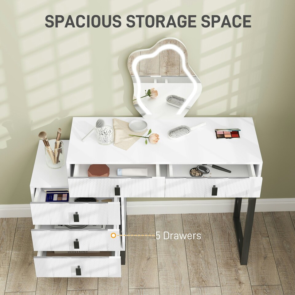 image 1 of HOMCOM Dressing Table with LED Leaf Shape Mirror and 5 Drawers, White White
